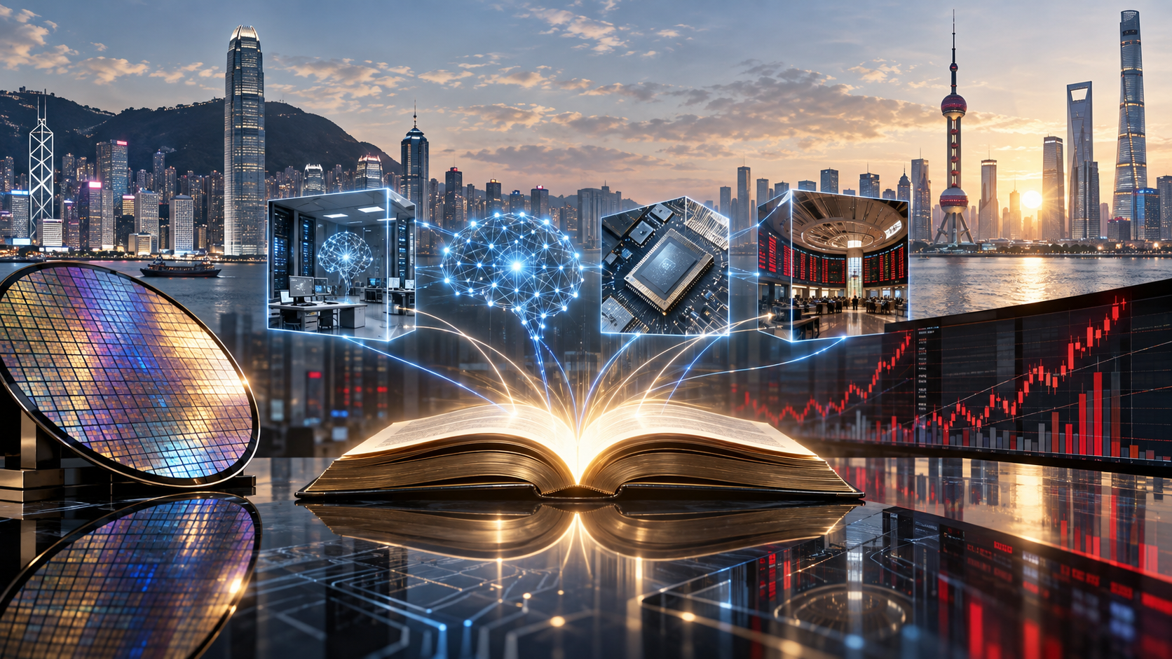 Editorial image connecting Chinese AI labs, chip companies and public markets